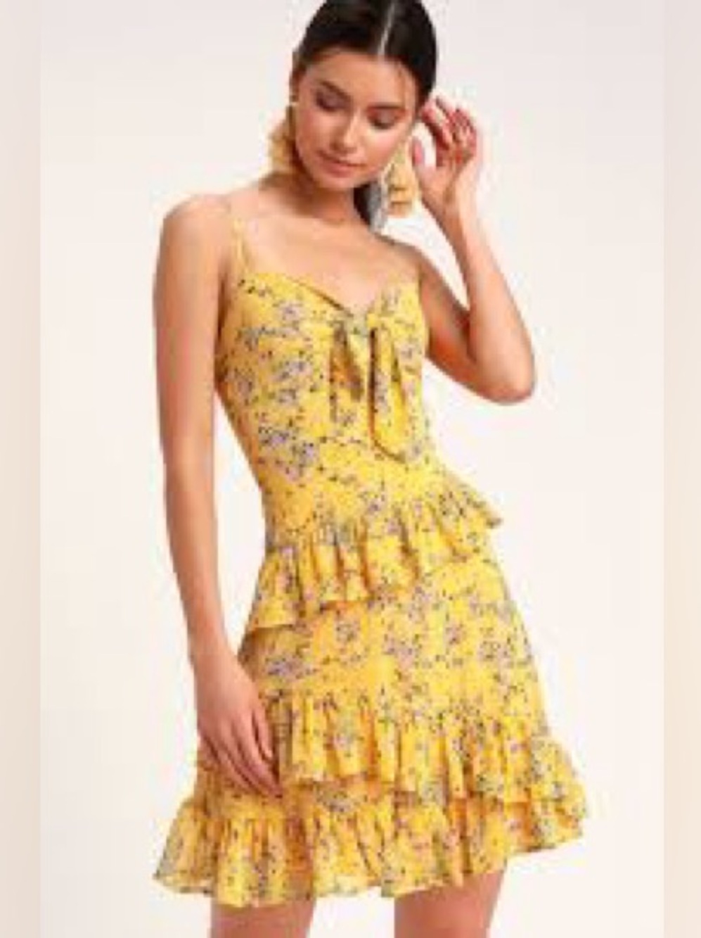 Lulu’s large Main Squeeze Yellow Floral Print Chiffon Tie-Front Mini Dress